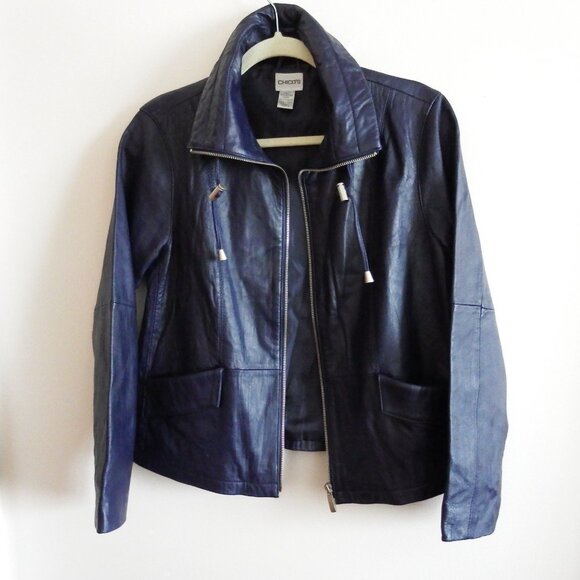Chicos Womens Navy Blue Leather Moto Jacket  0 Chico's/4 US - Picture 1 of 6